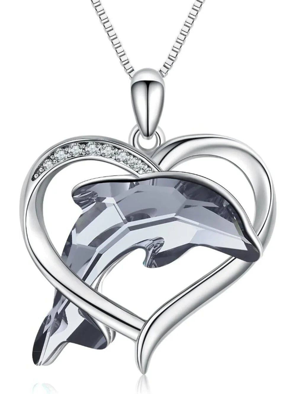 Women's Sterling Silver Heart Dolphin Pendant Beach Themed Crystal Necklace